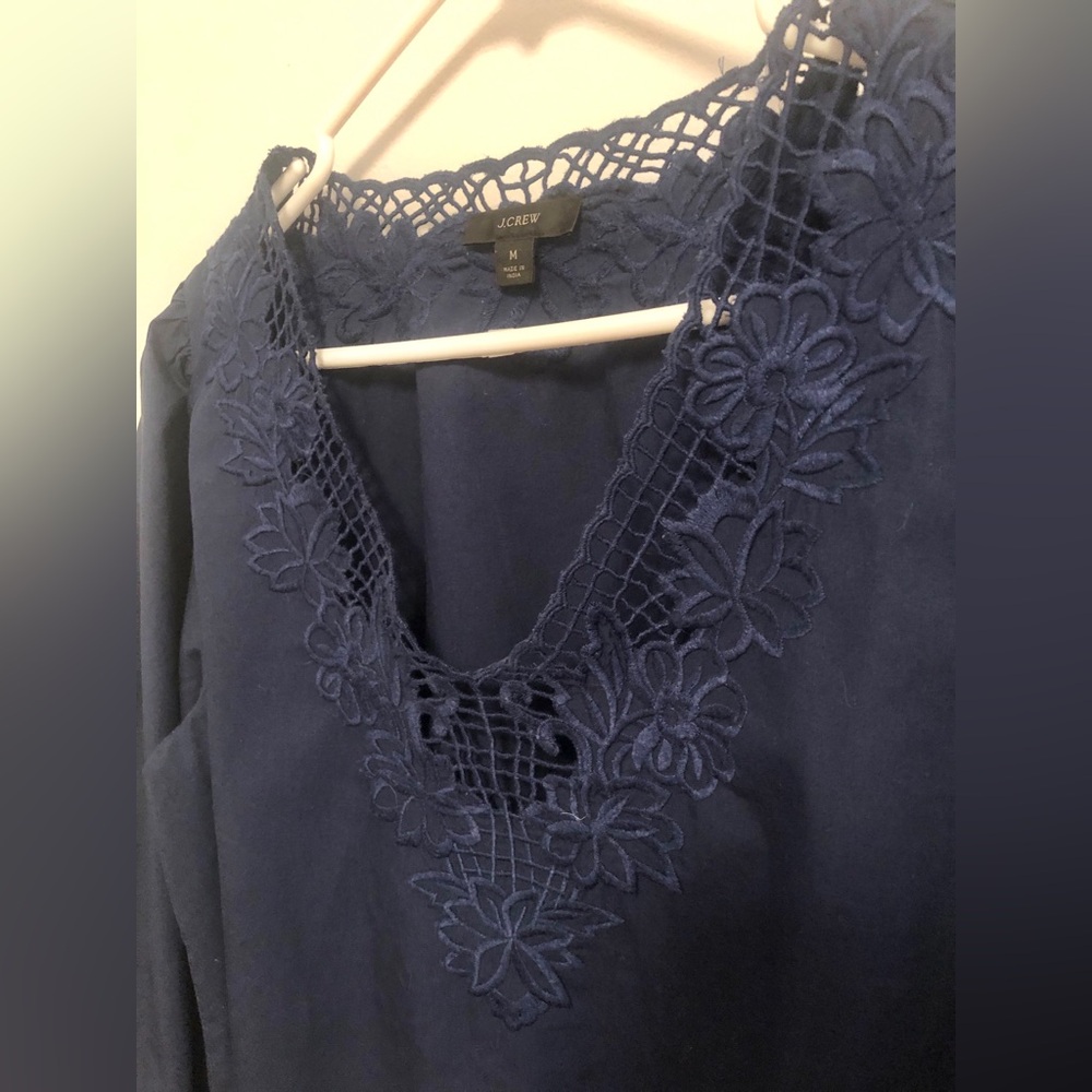 J Crew Long Sleeve Boho Navy Blue Embroidered Cotton Top Size M Ruffle Cuffs - Picture 6 of 7